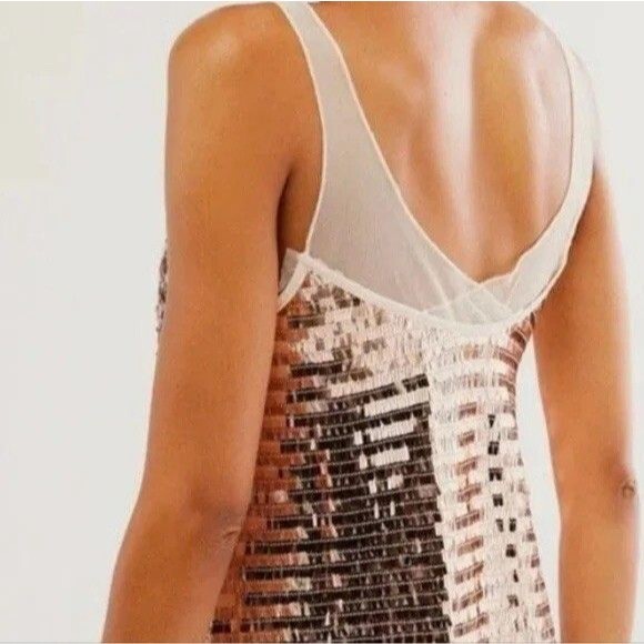 Free People NEW Disco Fever Sequin Mini Slip Dress Rose Gold Champagne Womens L - Picture 3 of 13